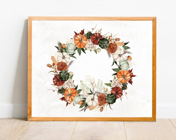 Autumn Pumpkin Wreath Watercolor Fall Harvest Botanical Front Door Poster