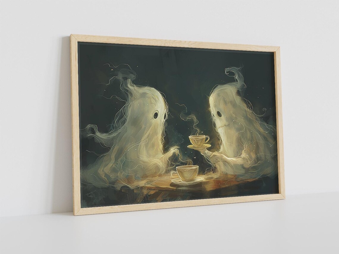Retro Ghost Coffee Little Ghosts Painting Cute Spooky Halloween Ghost Coffee Bar Kitchen Wall Art - Image 2