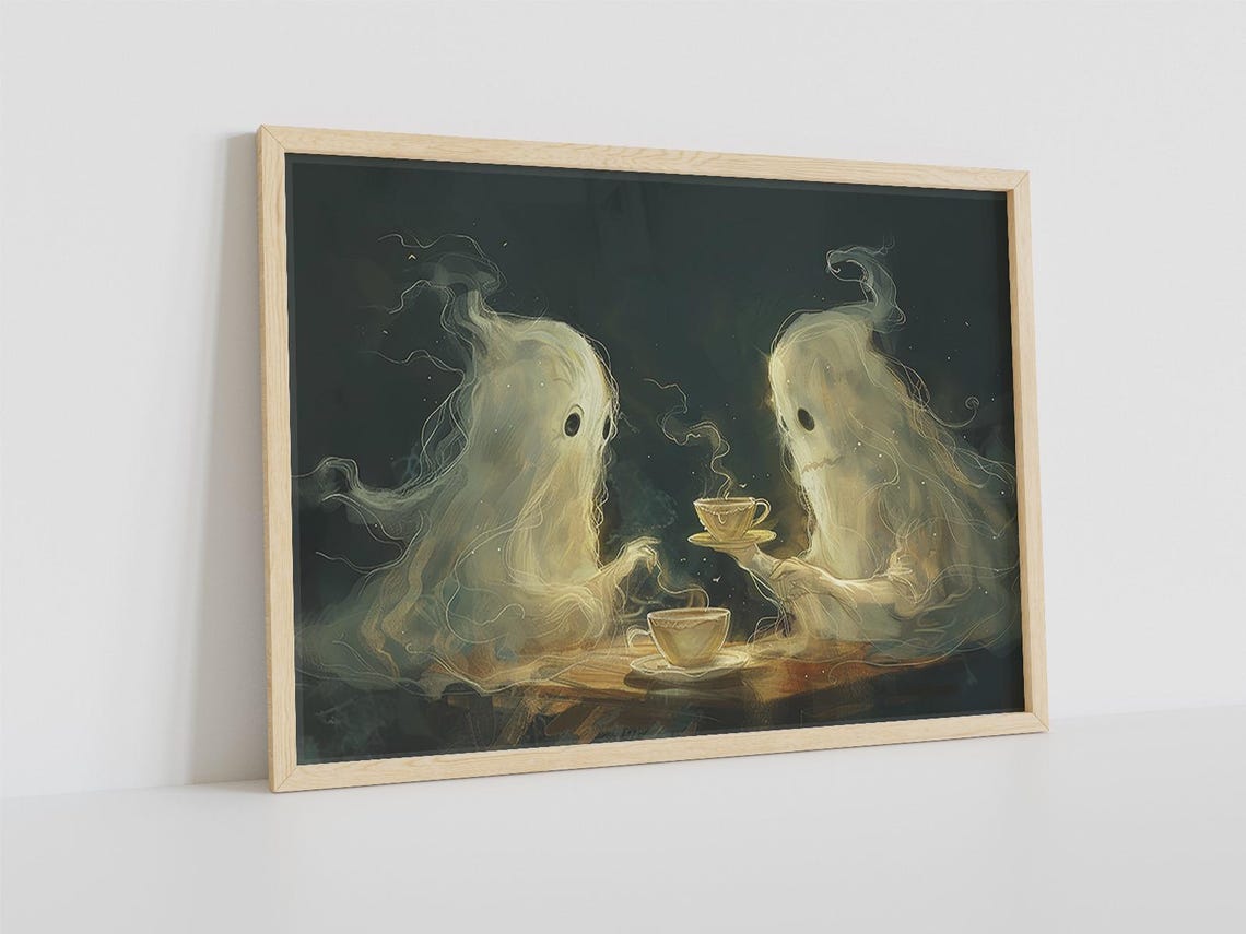 Two Cute Ghosts Sharing Tea Halloween Night Whimsical Spooky Poster - Image 2