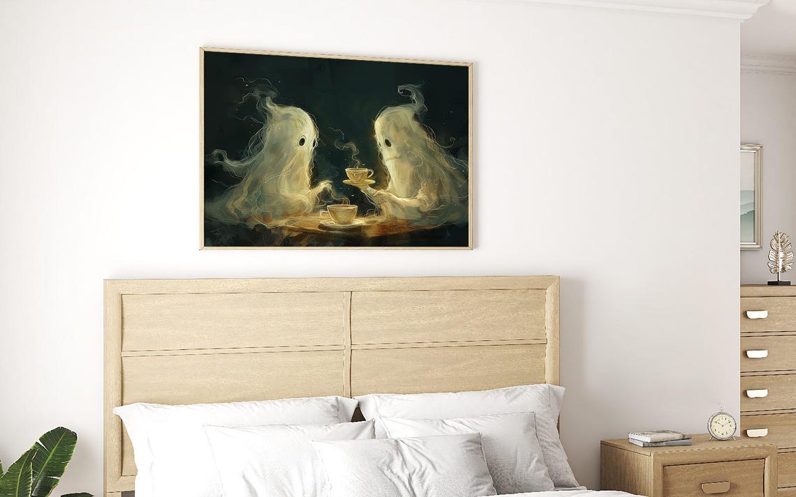 Two Cute Ghosts Sharing Tea Halloween Night Whimsical Spooky Poster - Image 4