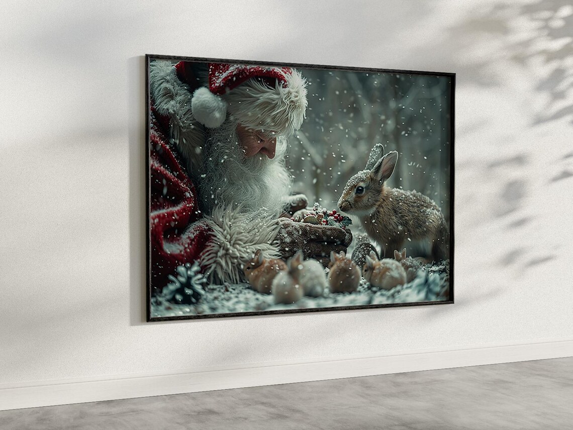 Santa Claus Feeding Bunnies In Snowy Forest Sweet Christmas Poster - Image 2