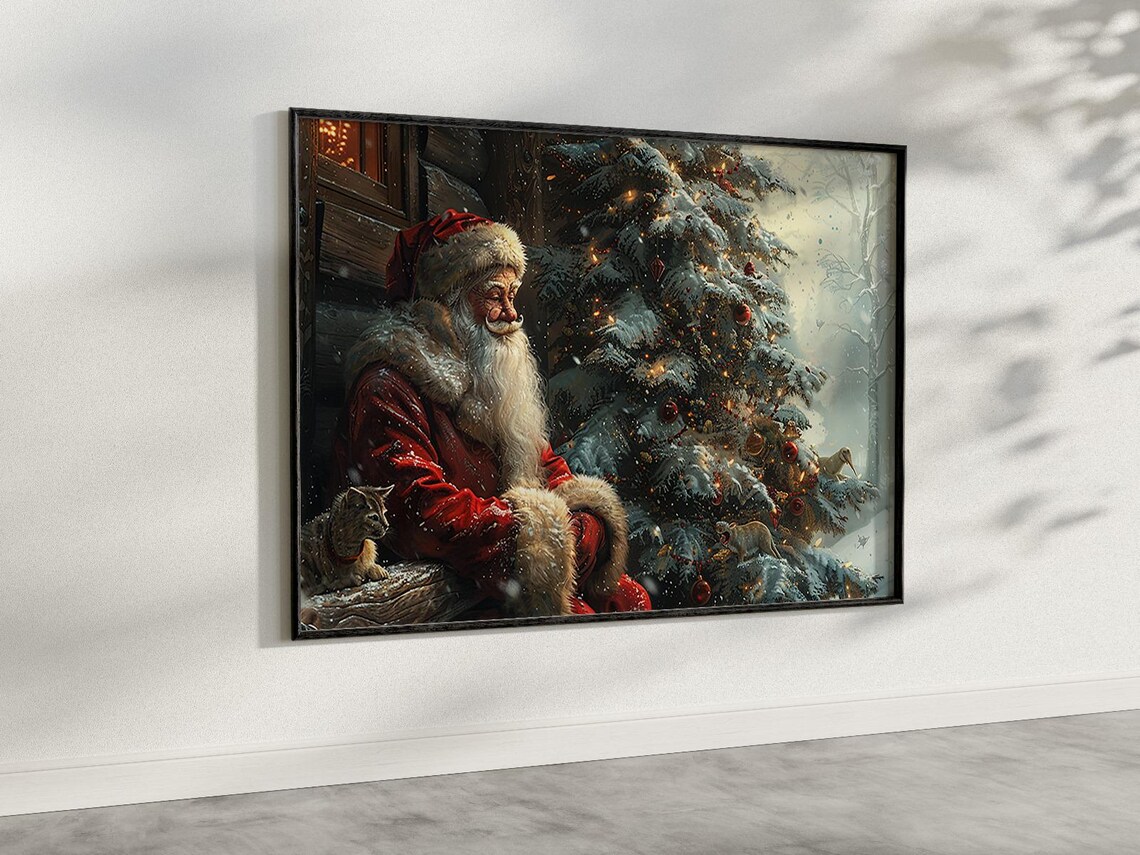 Santa Claus Beside Snowy Christmas Tree At Cozy Cabin Vintage Holiday Poster - Image 3