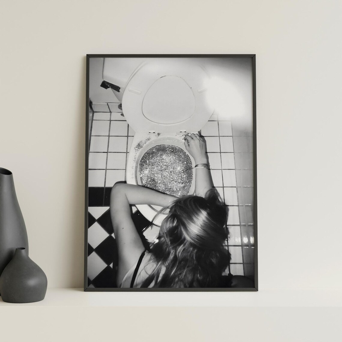 Woman at Glitter Toilet After Party Black and White Photo Poster - Image 4