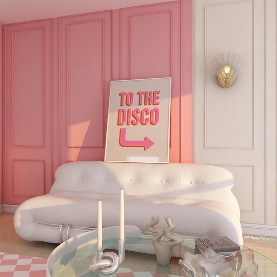 To The Disco Arrow Print Pink Orange Beige Retro Dance Fun Home Decor Vibrant Funny Quote Funky Wall Art Instant Download