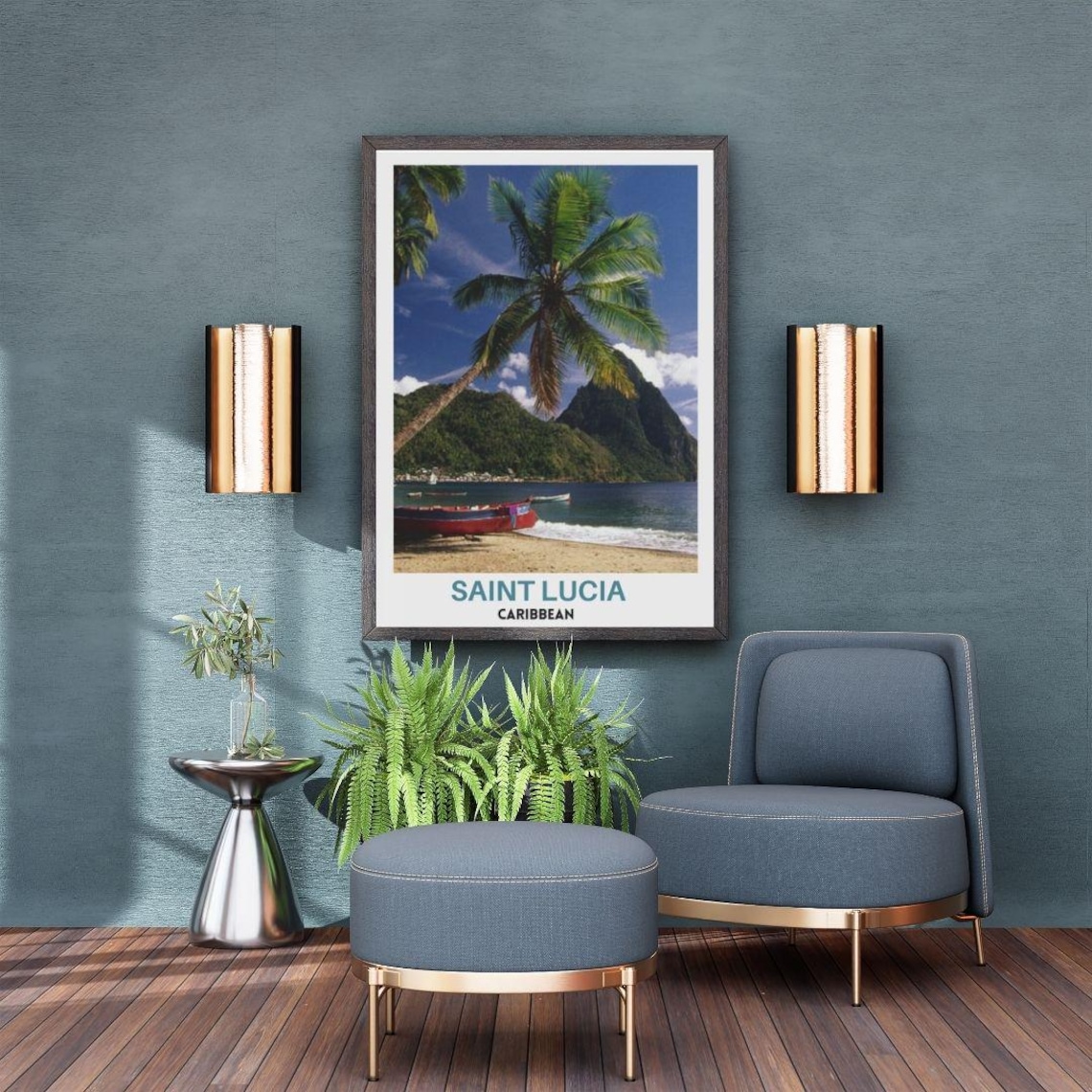 Saint Lucia Caribbean Pitons Leaning Palm Beach Travel Poster