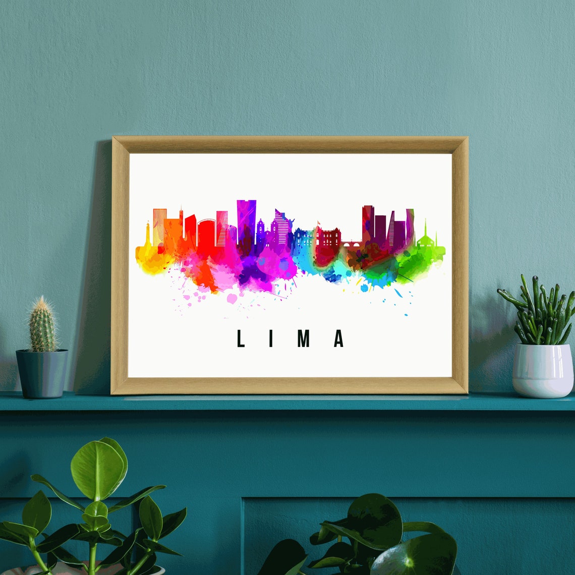Lima Peru Rainbow Watercolor Skyline Cityscape Art Wall Poster - Image 3