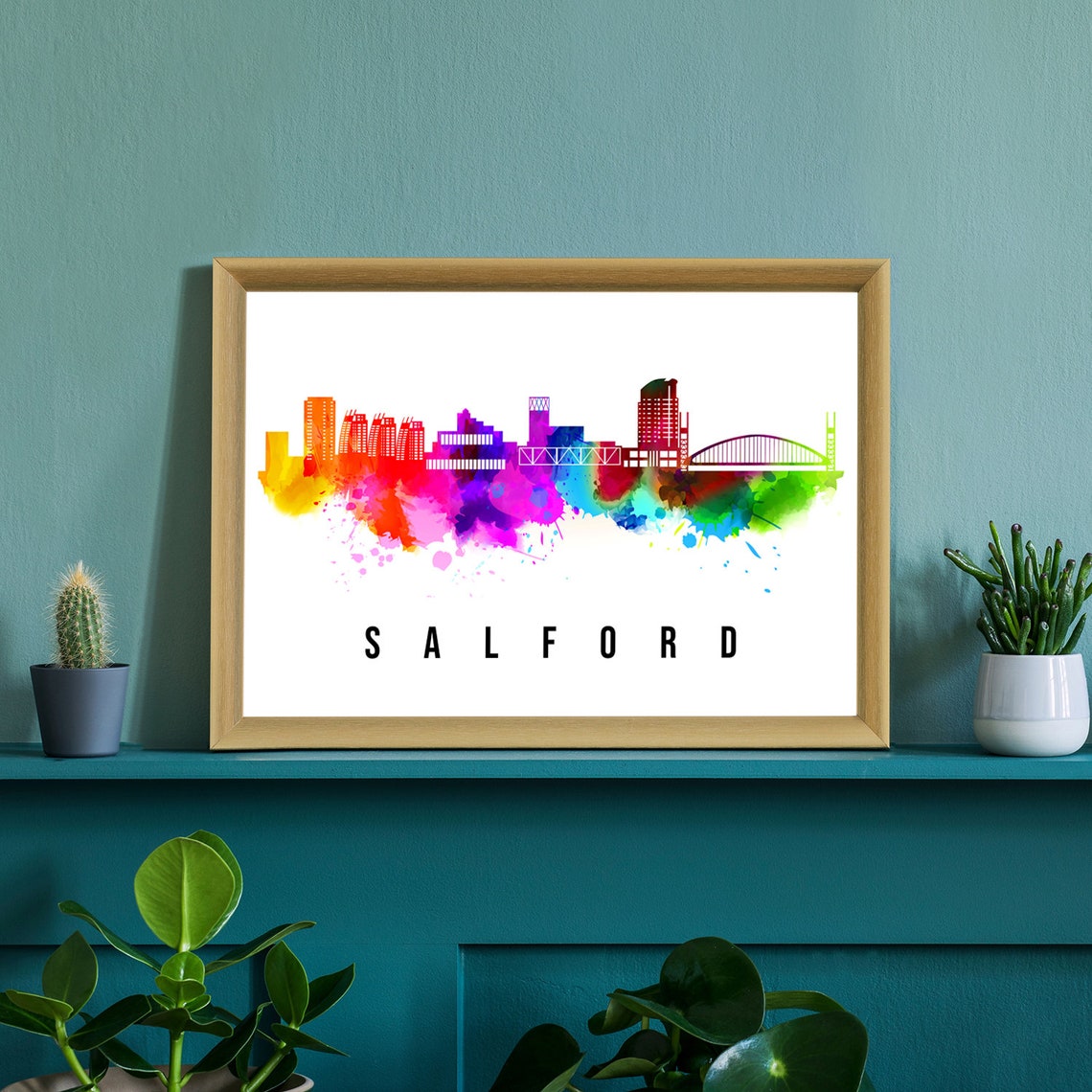 Salford England Rainbow Watercolor Skyline Cityscape Wall Art - Image 3