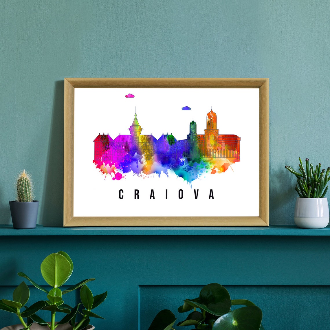 Craiova Romania Rainbow Watercolor Skyline Old Buildings Poster - Image 2