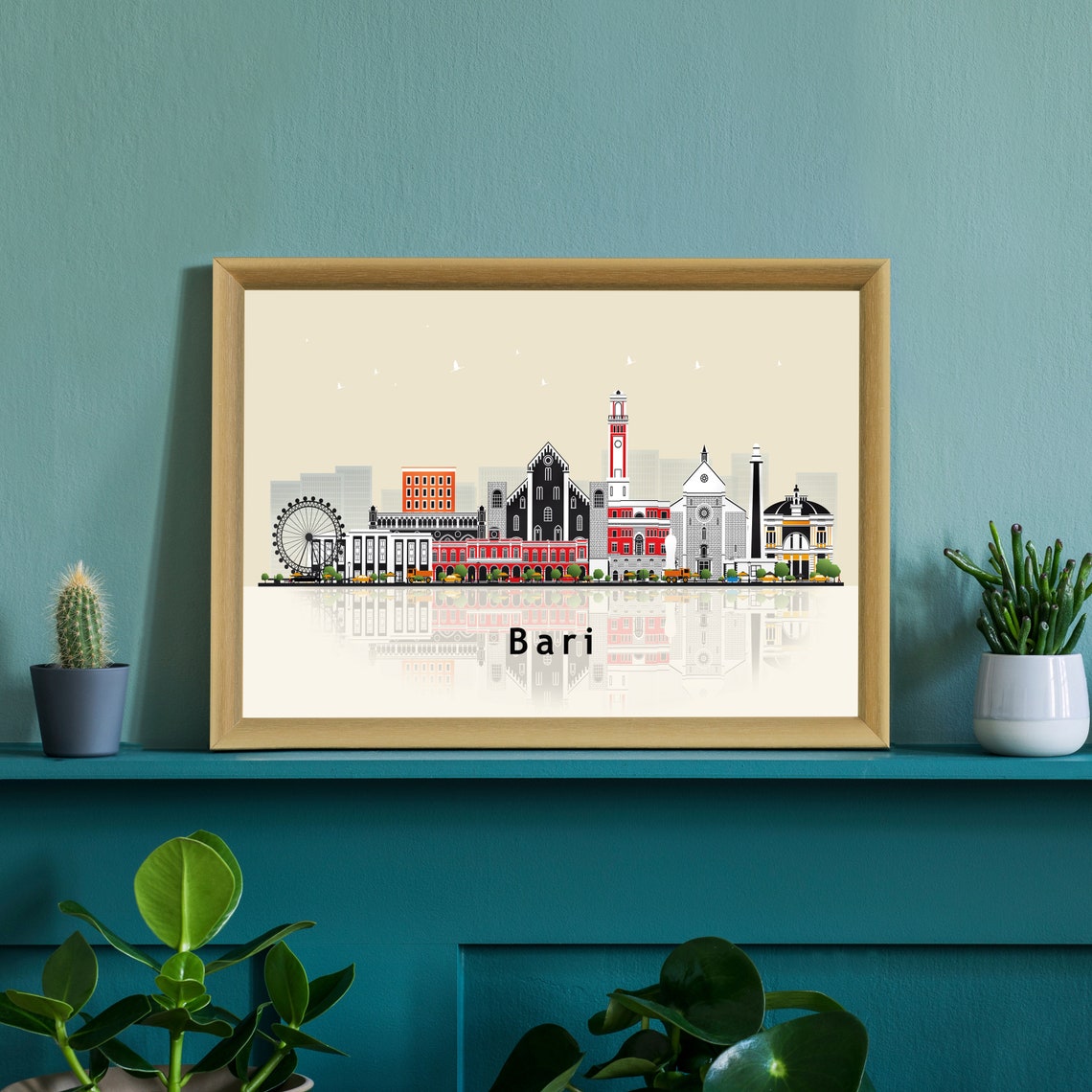 Bari Italy Seaside Skyline Ferris Wheel Illustration Reflection Poster - Image 2