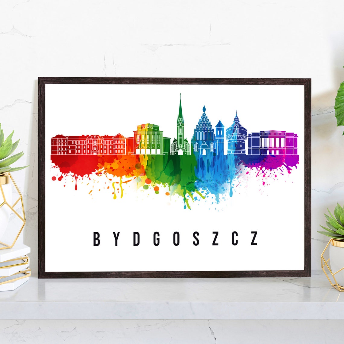 Bydgoszcz Poland Cathedral Water Tower Watercolor Skyline Poster