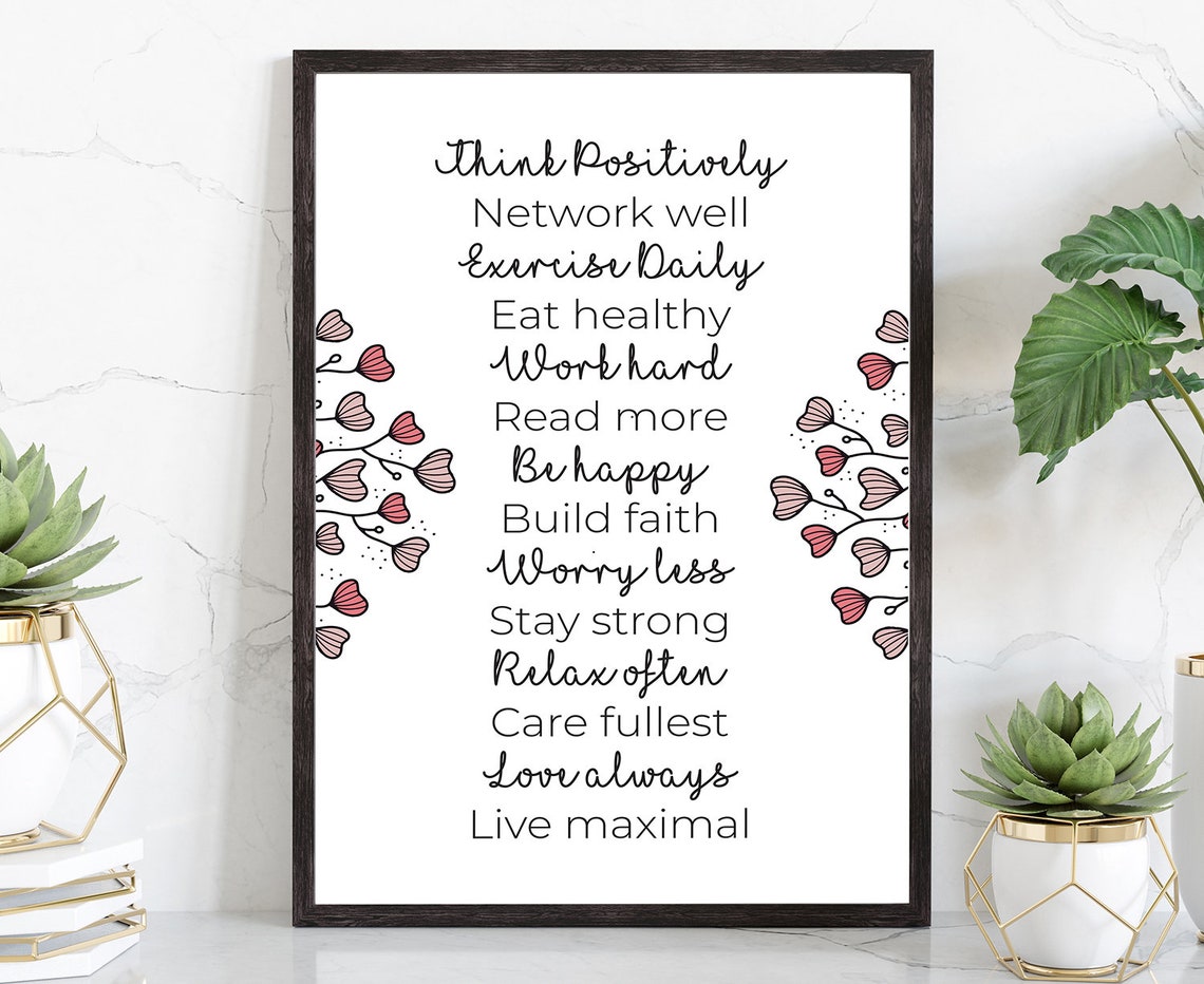 Think Positively Live Well Floral Checklist Inspirational Quote Poster
