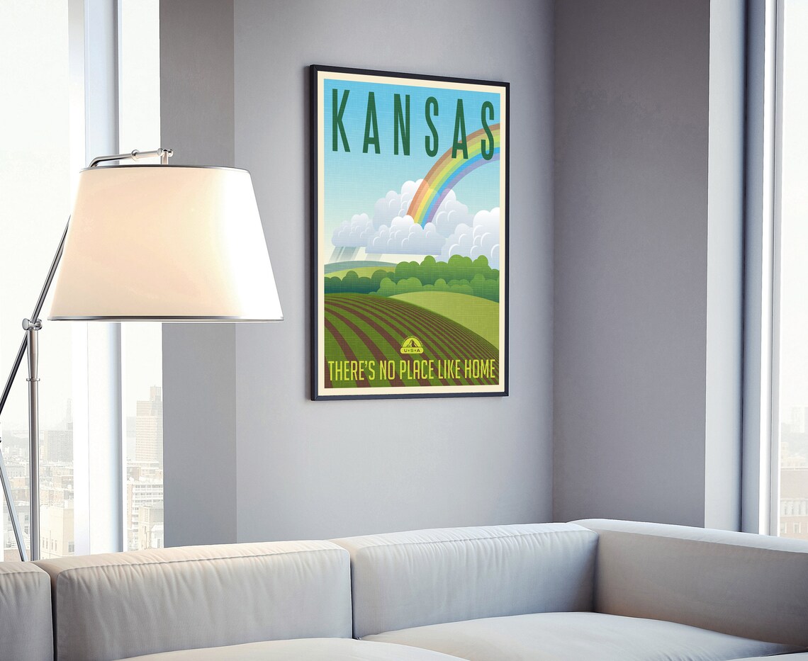 Kansas Theres No Place Like Home Rainbow Farmland Retro Travel Poster - Image 4