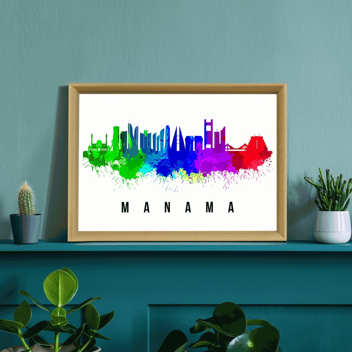 Manama Bahrain Rainbow Watercolor Skyline City Travel Poster - Image 3
