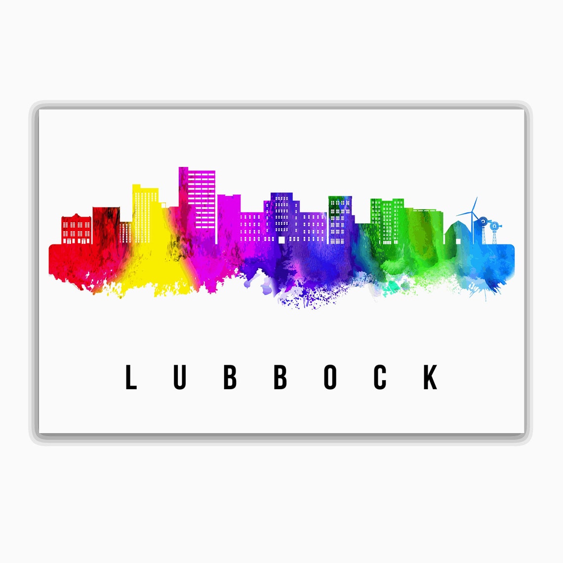 Lubbock Texas Rainbow Watercolor Skyline Silhouette Travel Poster - Image 2