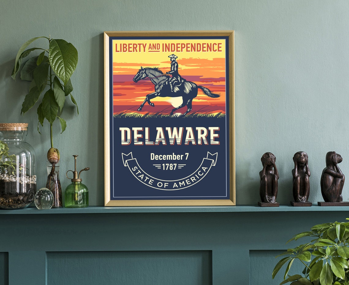 Delaware Liberty and Independence Horse Rider Sunset Vintage Poster - Image 3