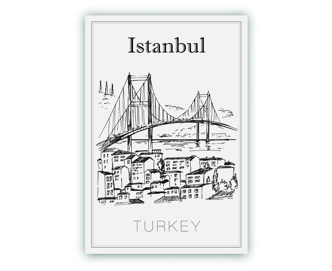Istanbul Turkey Bosphorus Bridge Waterfront Hand Drawn Art Poster - Image 2