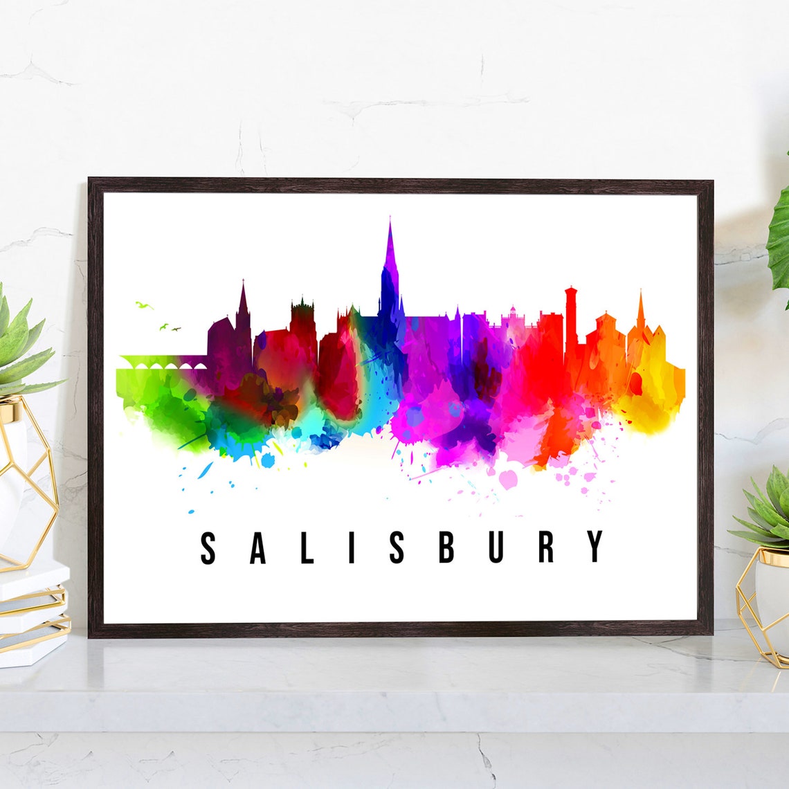 Salisbury England Cathedral Spire Watercolor Skyline City Poster