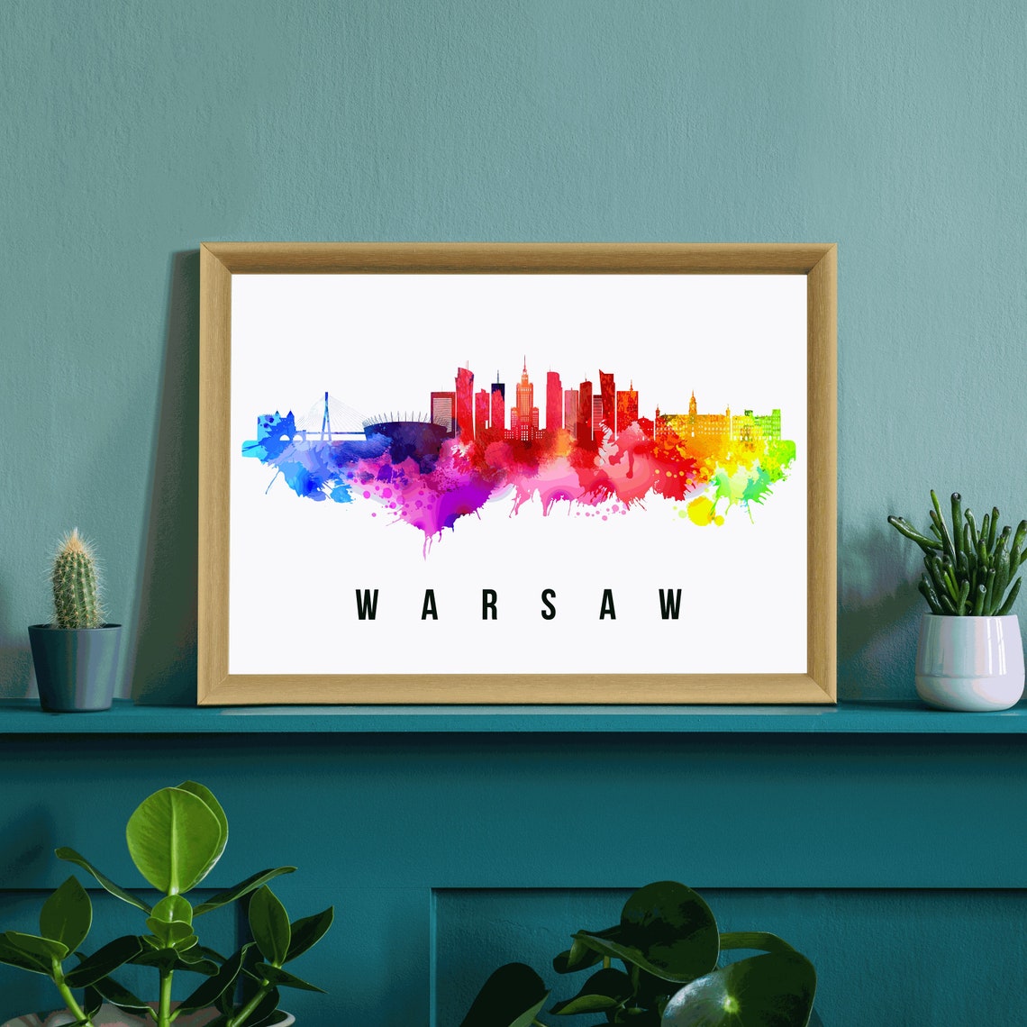 Warsaw Poland Rainbow Watercolor City Skyline Silhouette Art Poster - Image 3