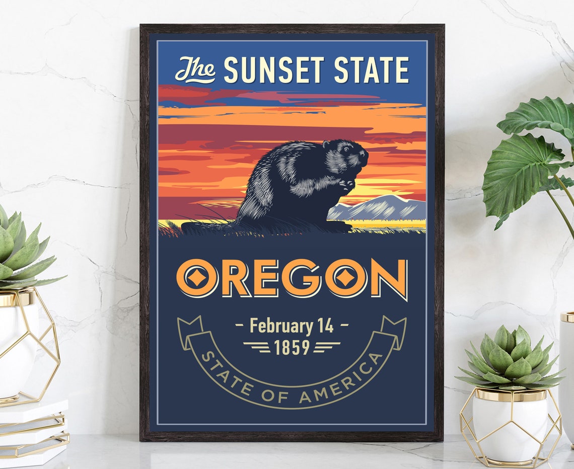 Oregon Sunset State Beaver Sunset Retro Travel Wall Art Poster