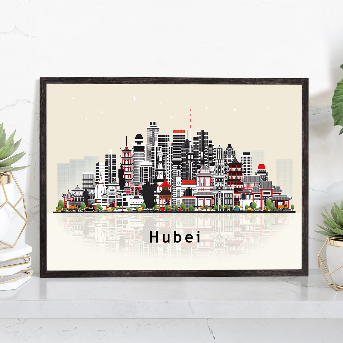Hubei China Pagoda Temple Flat Vector Skyline Cityscape Travel Poster
