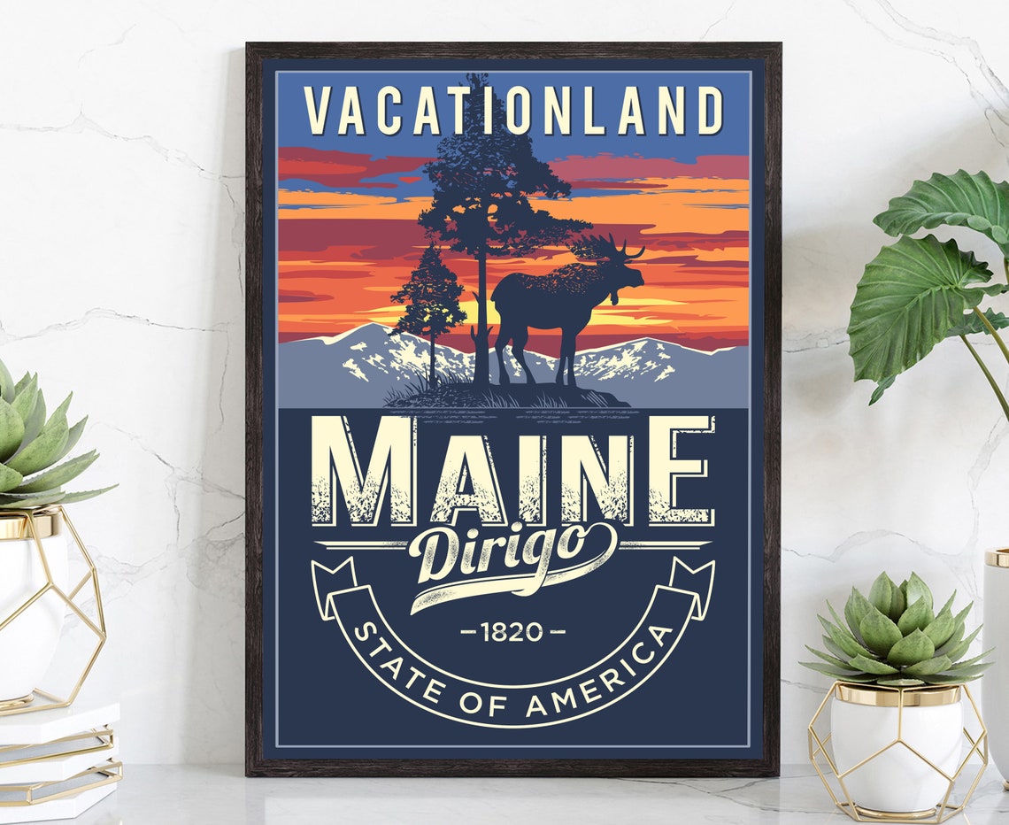 Maine Vacationland Moose Sunset Retro Dirigo State Travel Poster