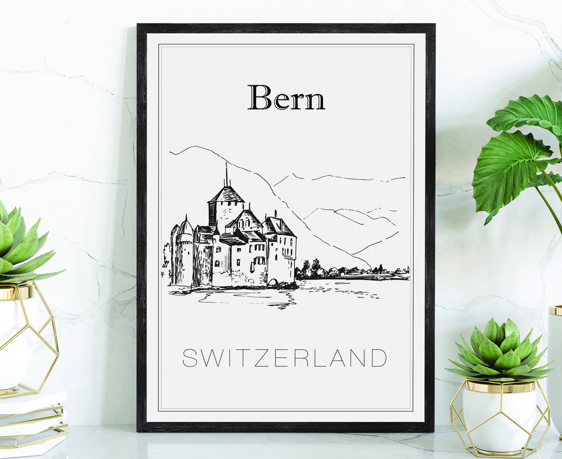 Bern Switzerland Castle Lakeside Mountain View Hand Sketch Poster