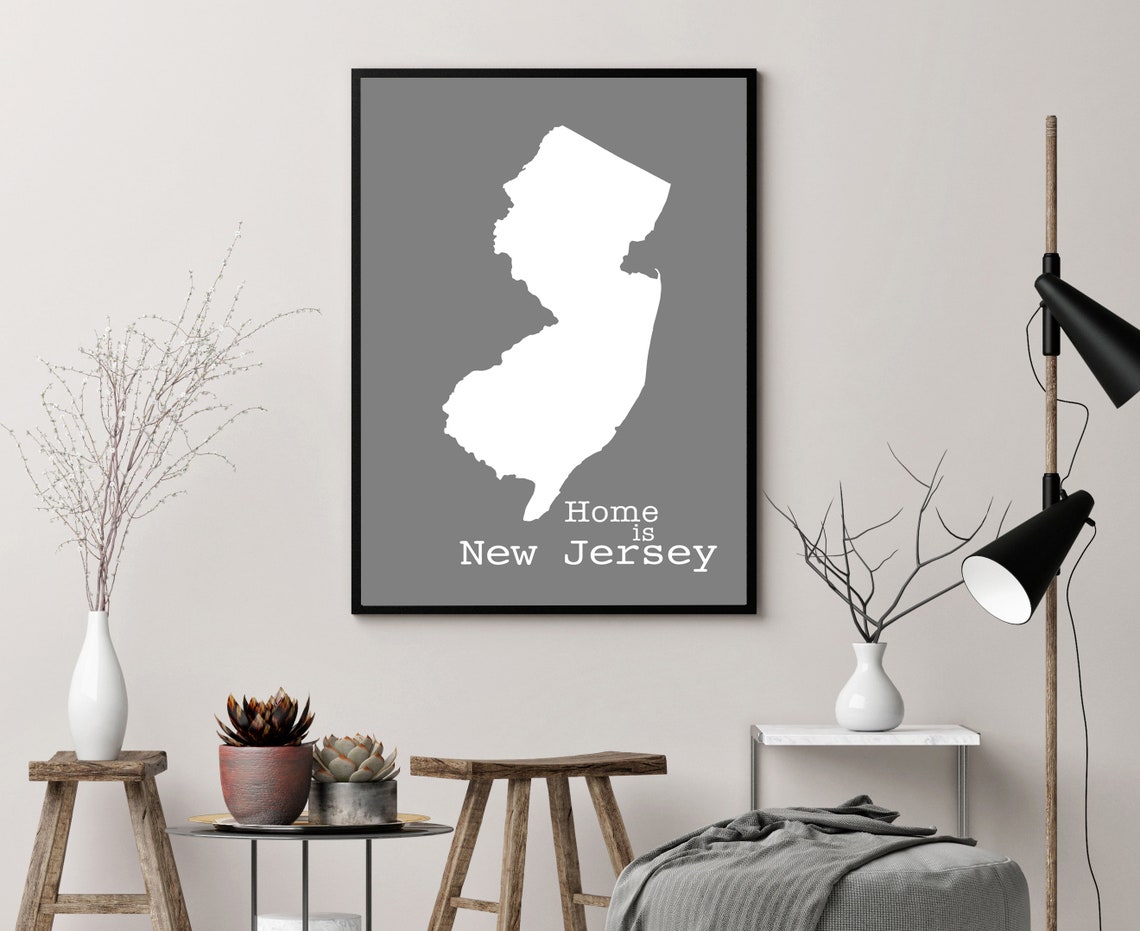 New Jersey Home Is Gray Minimalist State Map Silhouette Wall Art - Image 3
