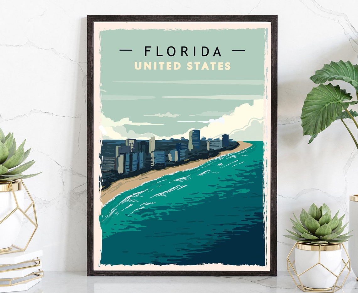 Florida Beach Ocean Skyline Sunset Vintage Travel Poster Wall Art