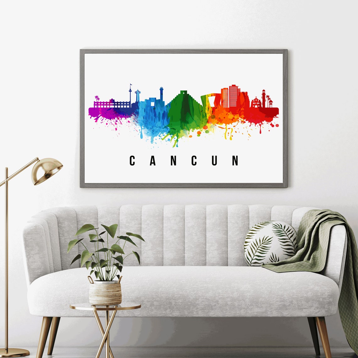 Cancun Mexico Rainbow Watercolor Skyline Beach Cityscape Travel Poster - Image 4