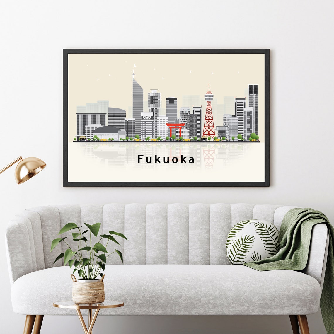Fukuoka Japan Minimalist Flat Vector Skyline City Illustration Poster