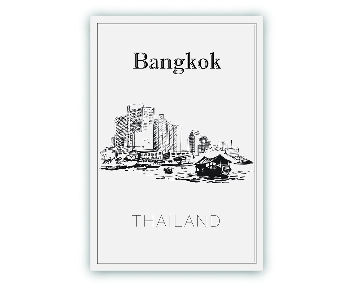 Bangkok Thailand Chao Phraya River Boat City Towers Sketch Poster - Image 2