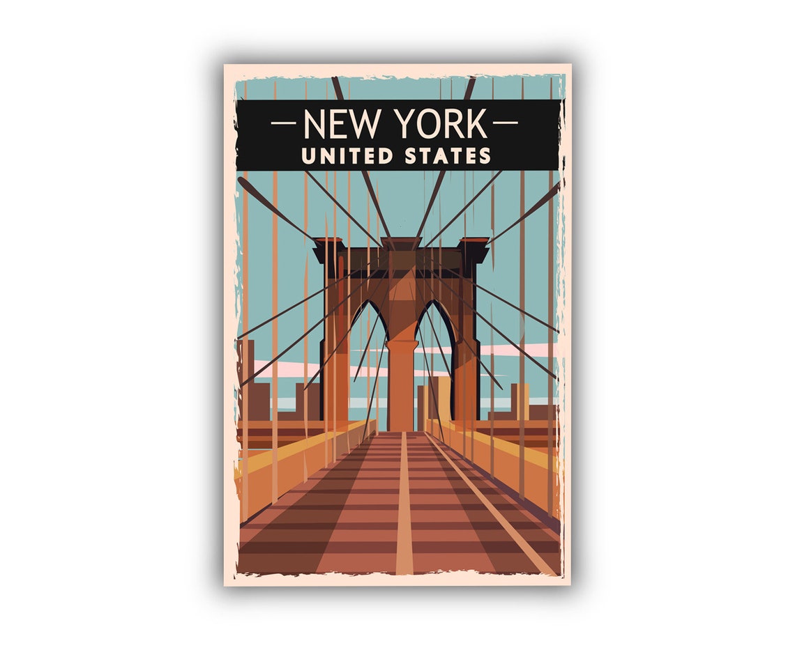 New York City Brooklyn Bridge Retro Vintage Travel Poster Wall Art - Image 2