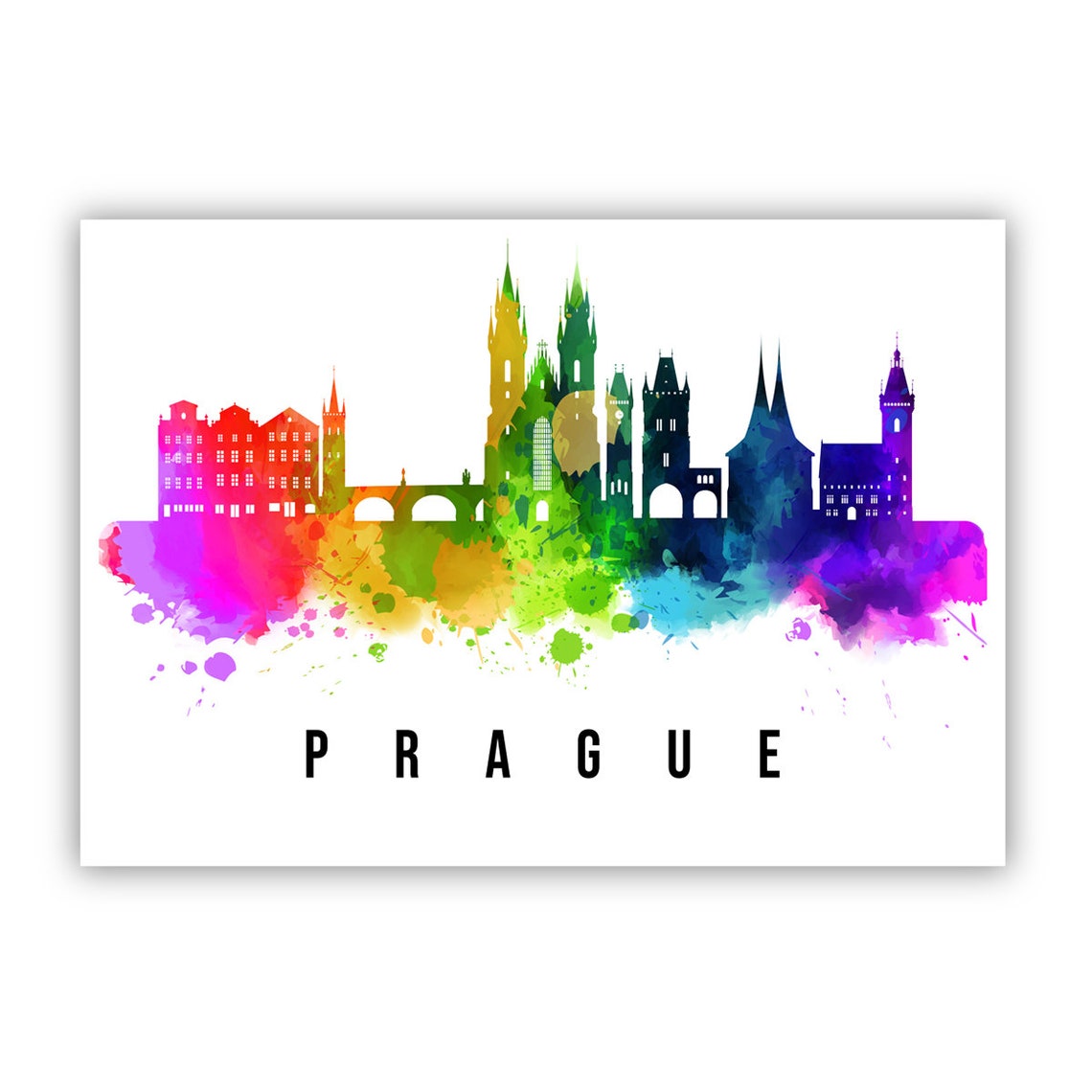 Prague Czech Rainbow Watercolor Skyline Old Town Travel Poster - Image 2
