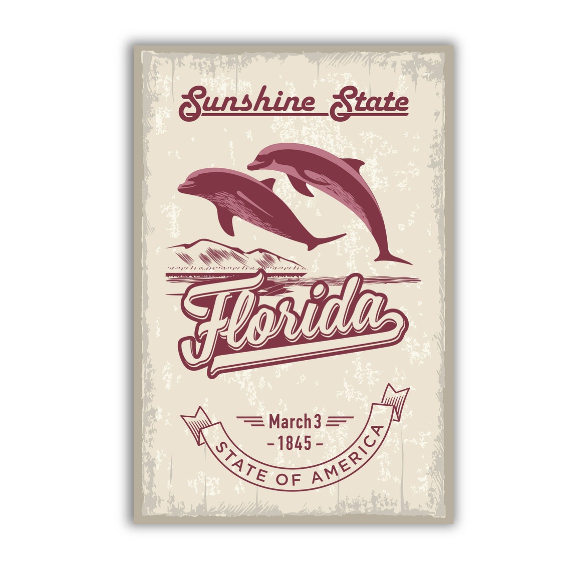 Florida Sunshine State Vintage Poster with Dolphins Ocean Sunset Art - Image 2