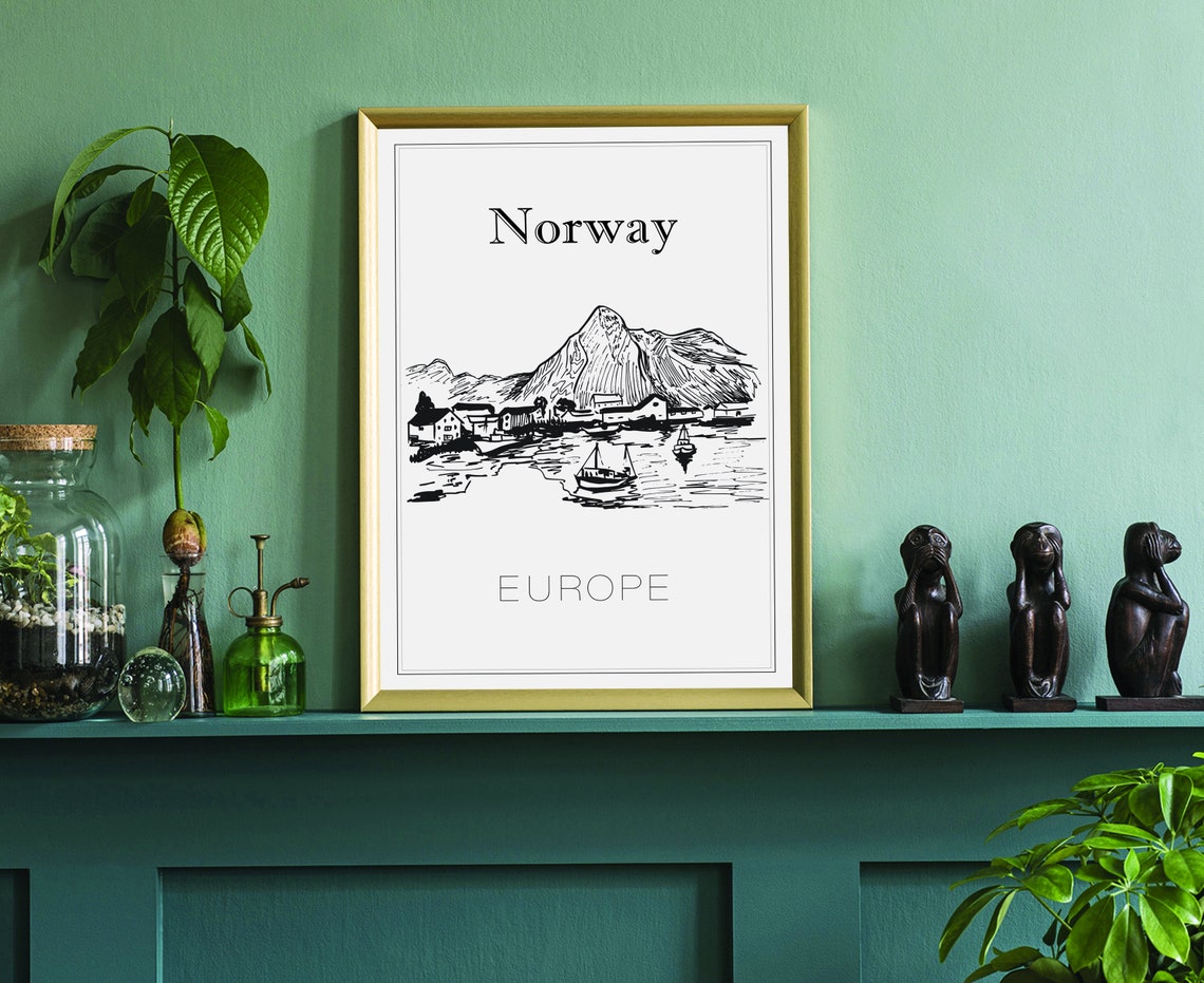 Norway Fjord Village Mountain And Boats Hand Drawn Sketch Poster - Image 3