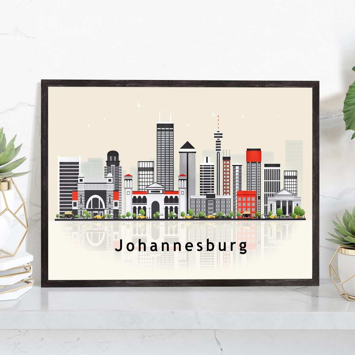 Johannesburg South Africa City Skyline Flat Vector Travel Poster