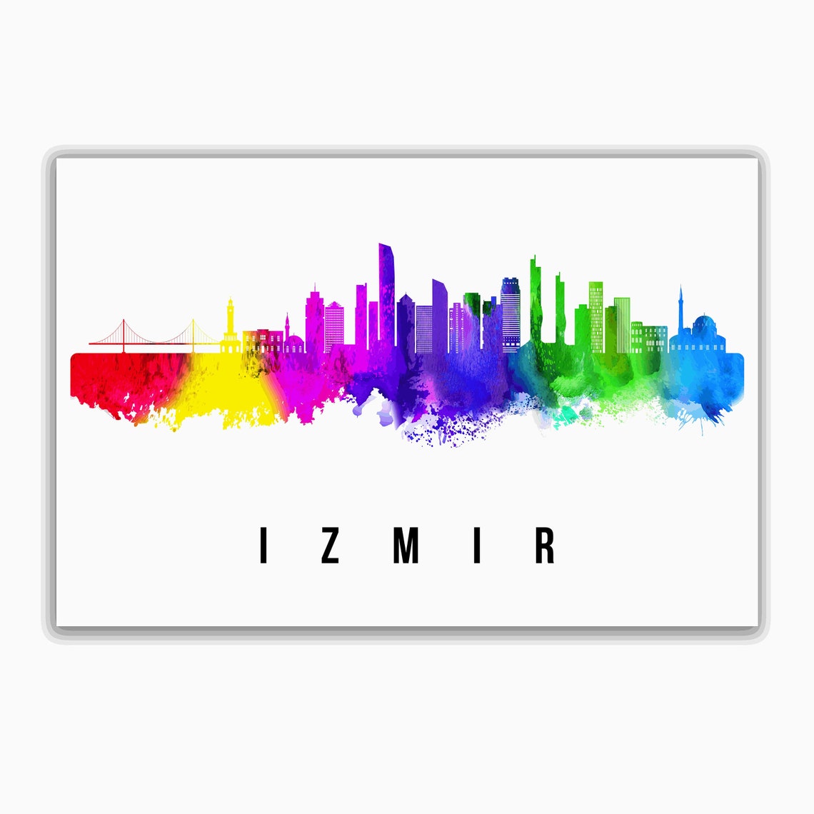 Izmir Turkey Rainbow Watercolor Bay Bridge Skyline Art Poster - Image 2
