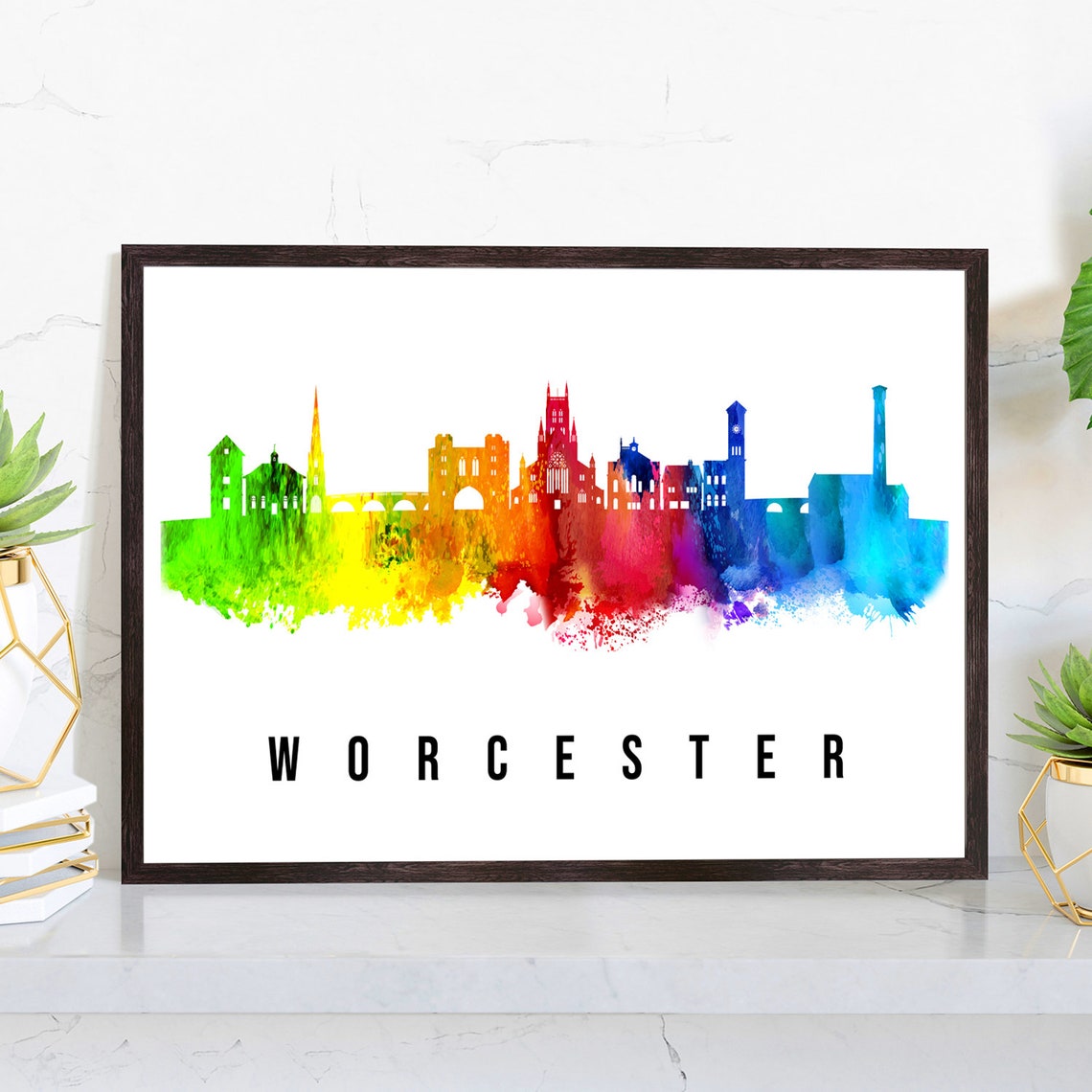Worcester England Rainbow Watercolor Skyline Cityscape Poster