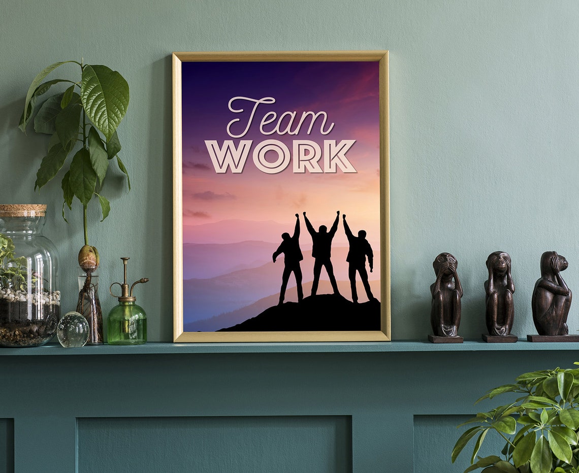 Team Work Sunset Summit Silhouette Hikers Quote Motivational Poster - Image 3
