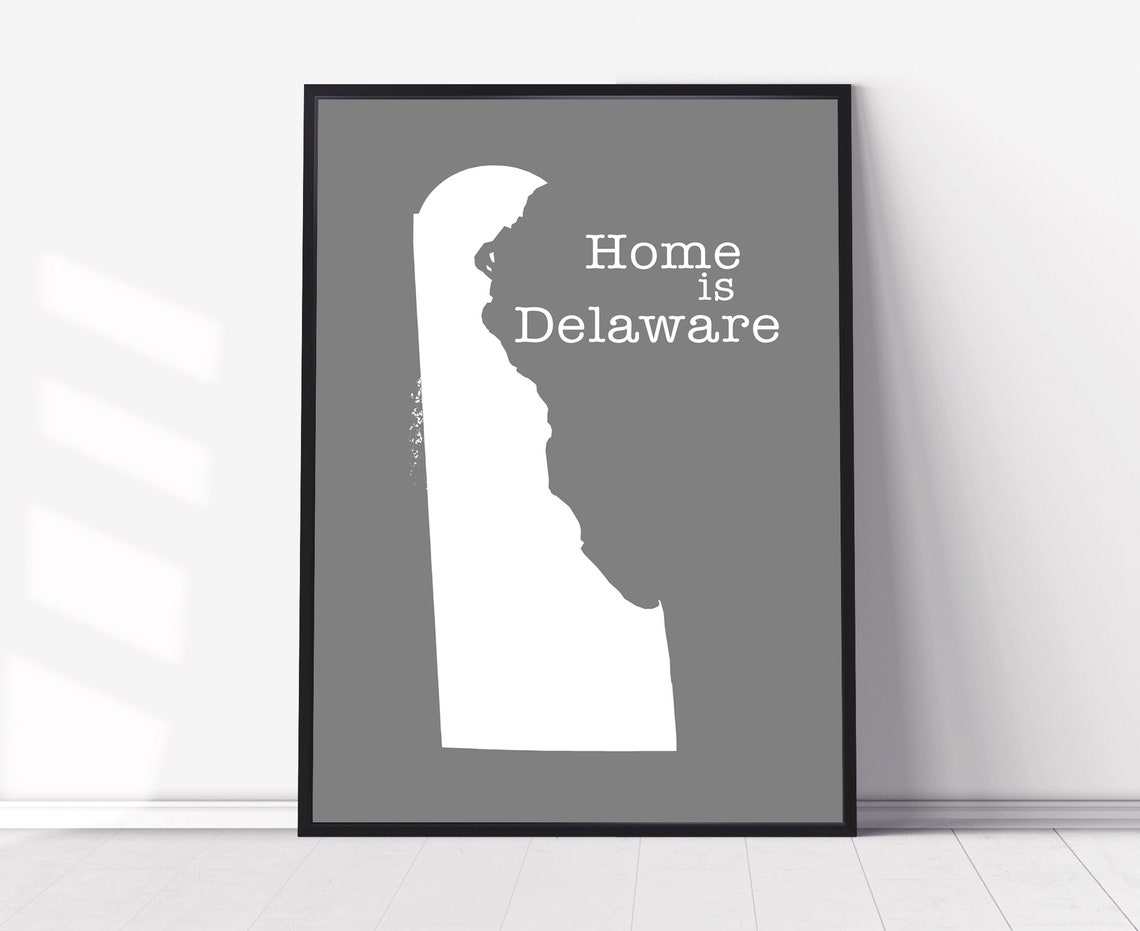 Delaware Home Is Gray Minimalist State Map Silhouette Wall Art Print