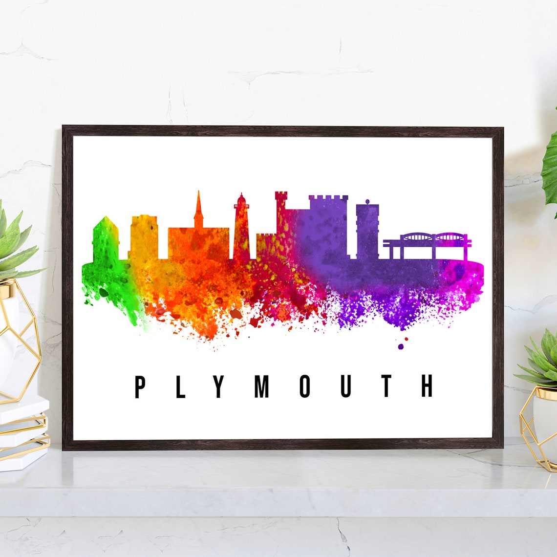 Plymouth England Lighthouse Harbor Watercolor Skyline Art Poster