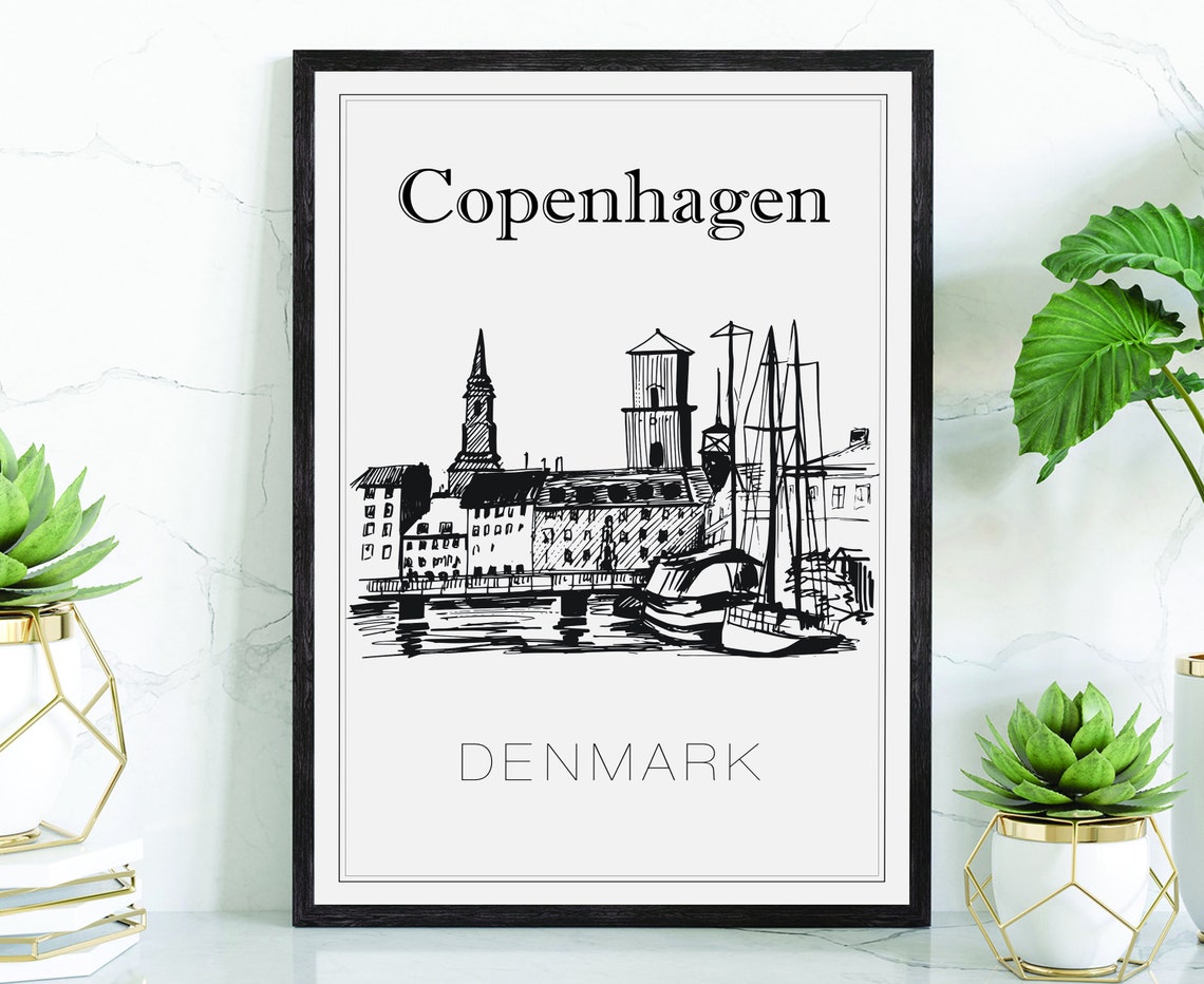 Copenhagen Denmark Hand Drawn Harbor Sketch Black White Line Poster