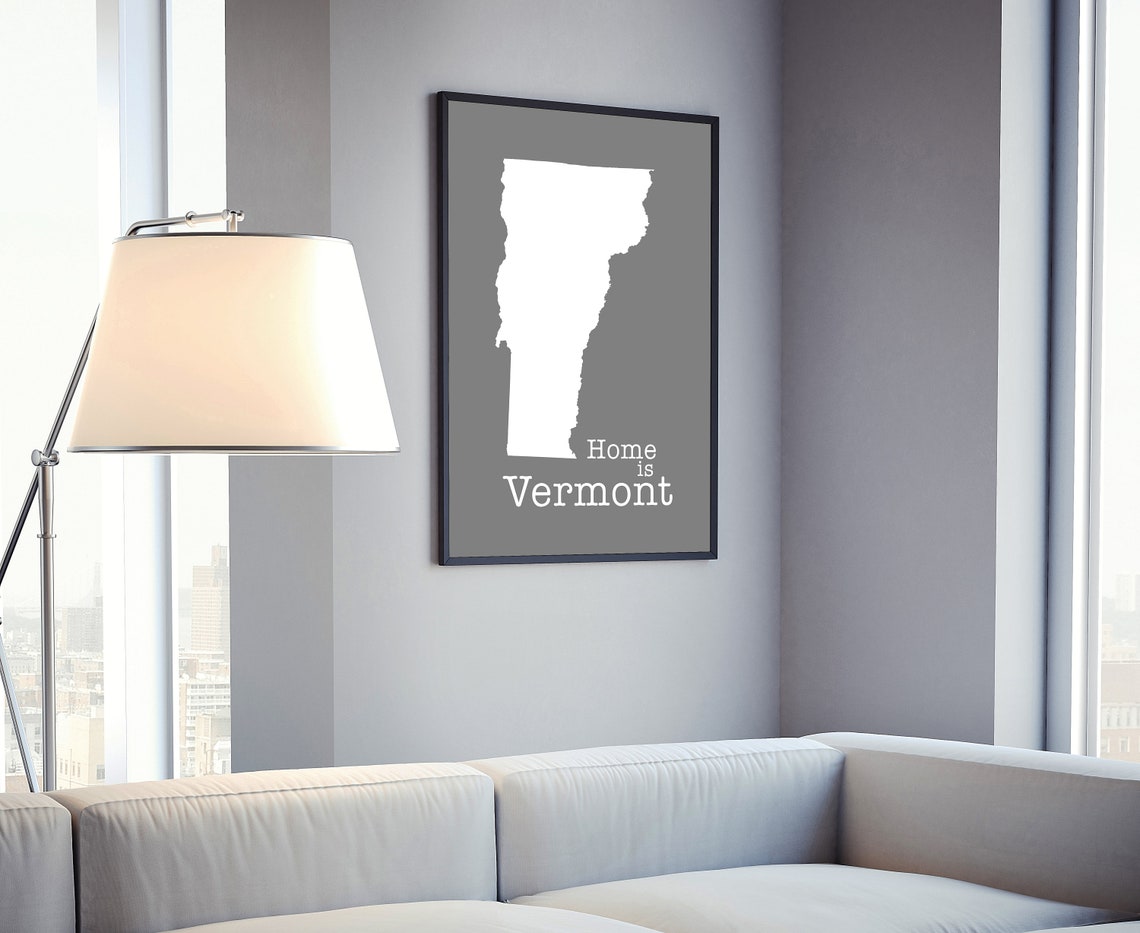 Vermont Home Is Vermont White On Gray Minimalist Map Wall Art Print - Image 4