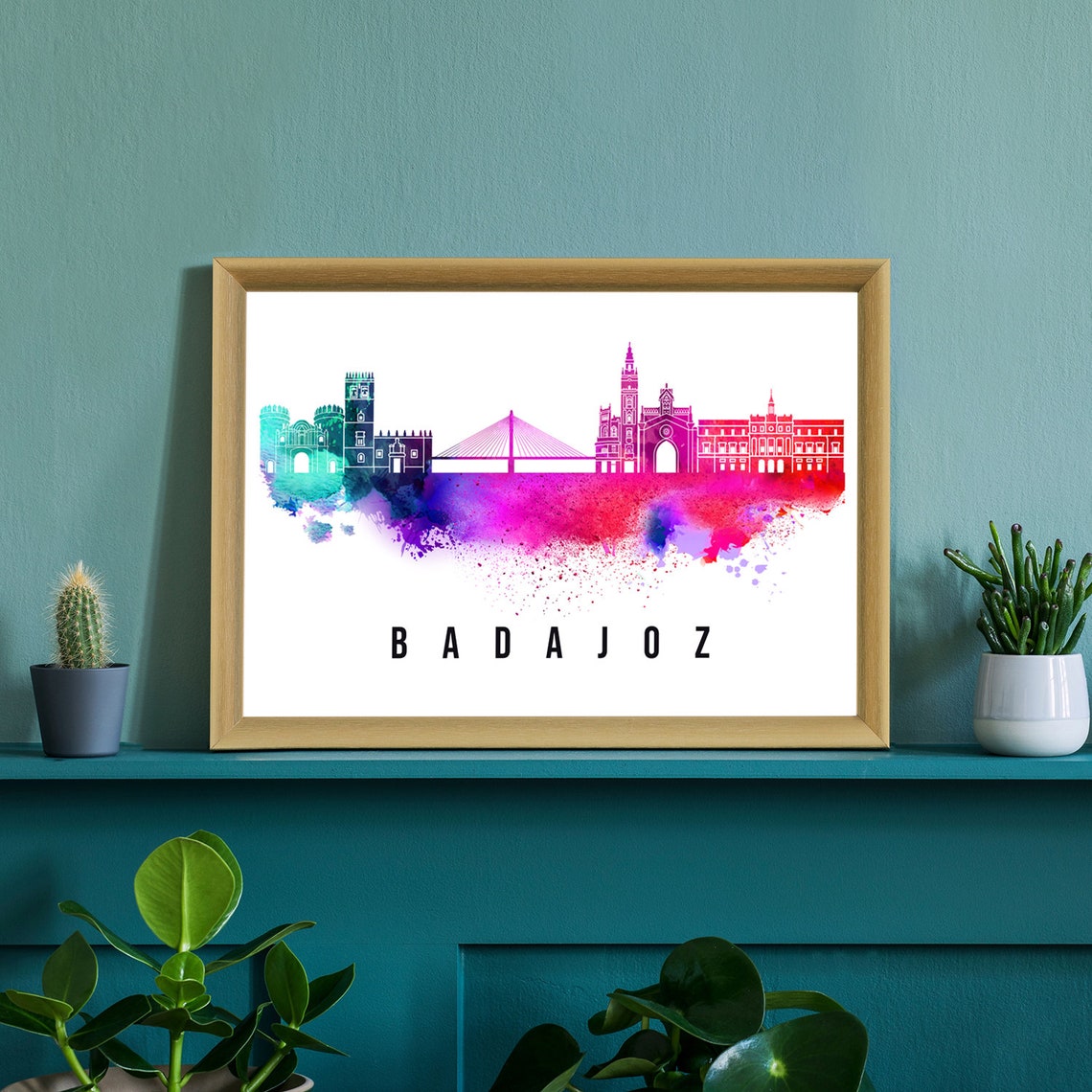 Badajoz Spain Rainbow Watercolor Skyline Cable Bridge Cityscape Poster - Image 2