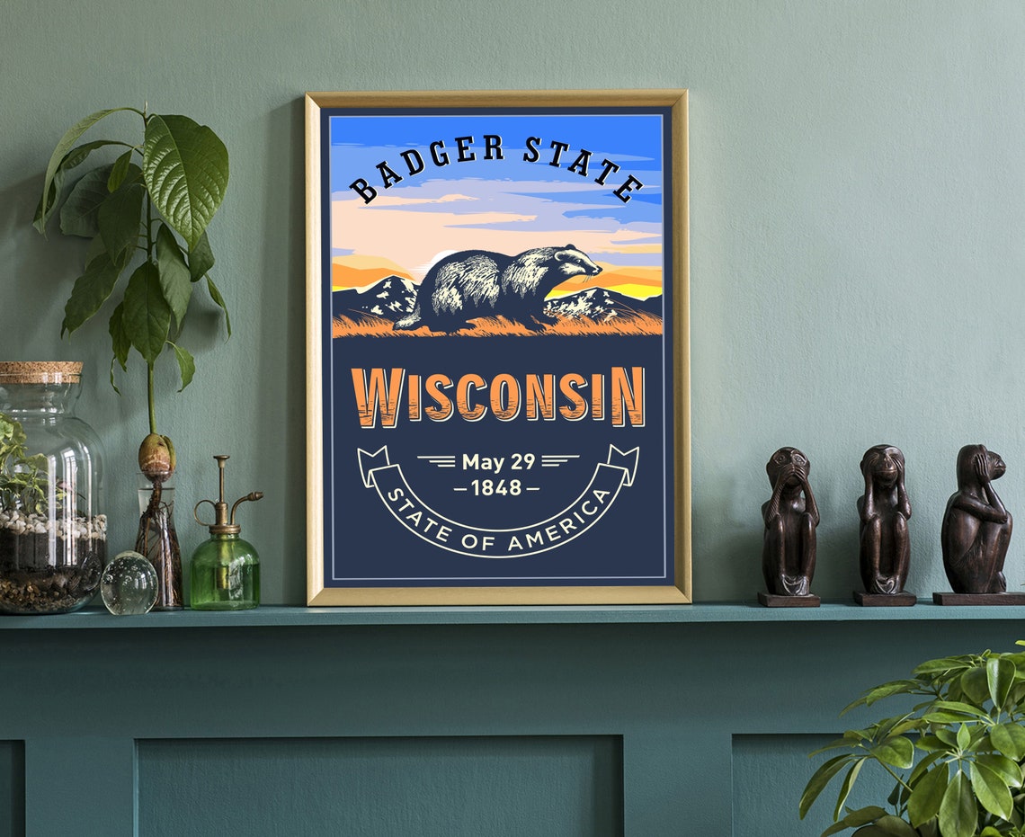 Wisconsin Badger State Emblem Retro Statehood Vintage Wall Art Poster - Image 3