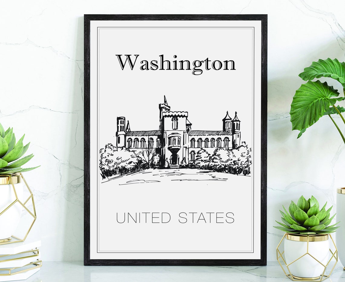 Washington DC Smithsonian Castle Hand Drawn Line Art Travel Poster