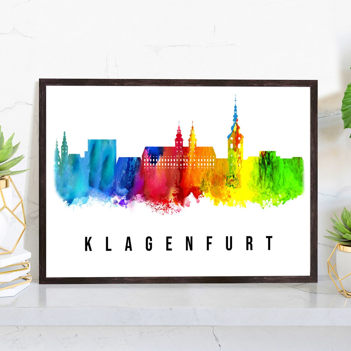 Klagenfurt Austria Rainbow Gradient Skyline Church Towers Art Poster