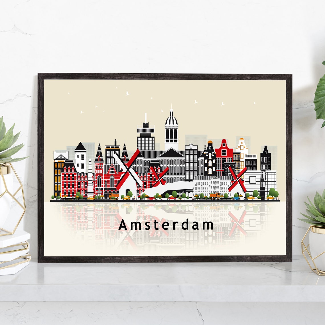 Amsterdam Netherlands Windmills Skyline Flat Vector Travel Poster