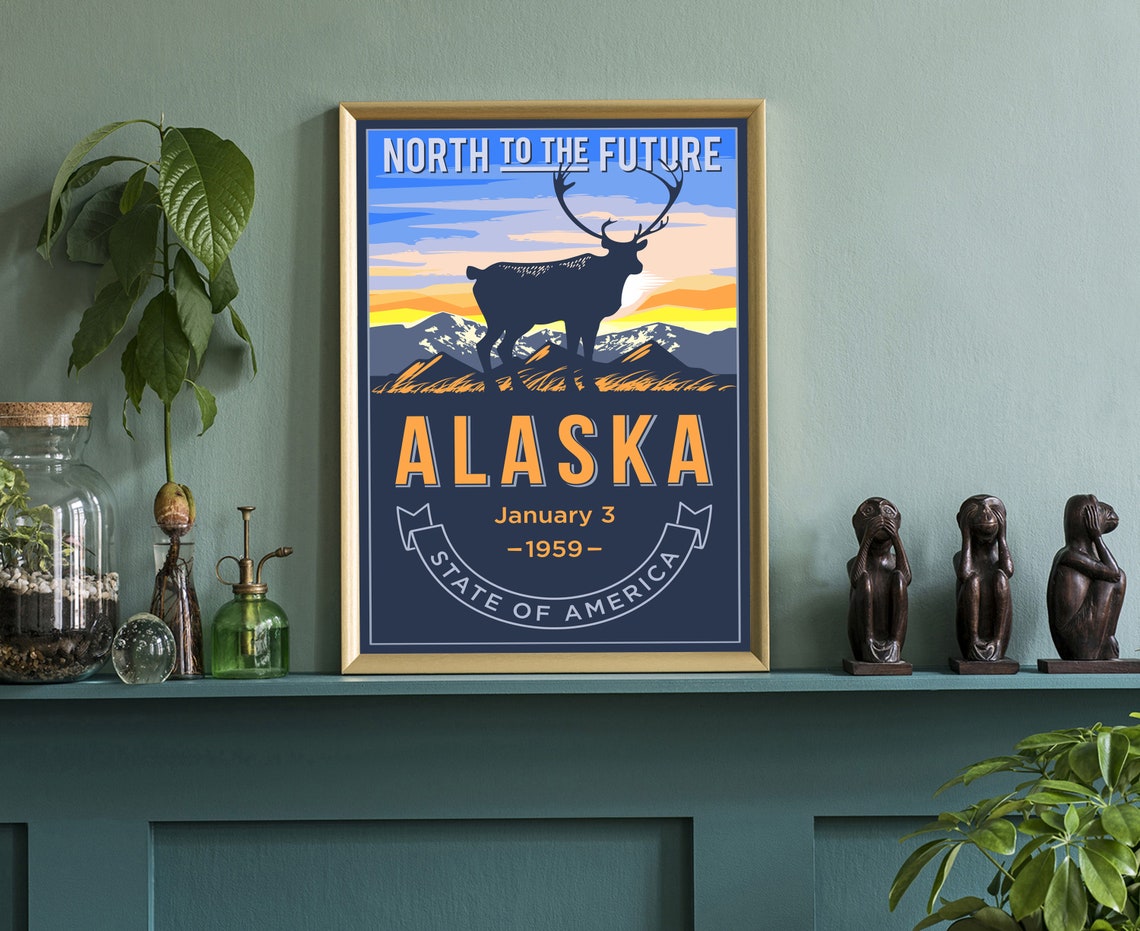 Alaska North to the Future Caribou Mountain Sunset Retro Poster - Image 3