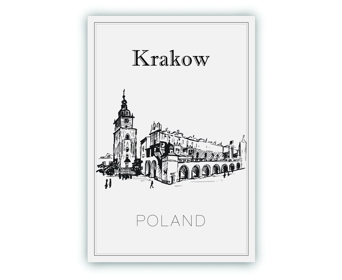 Krakow Poland Old Town Hall Tower Sketch Line Art Travel Poster - Image 2